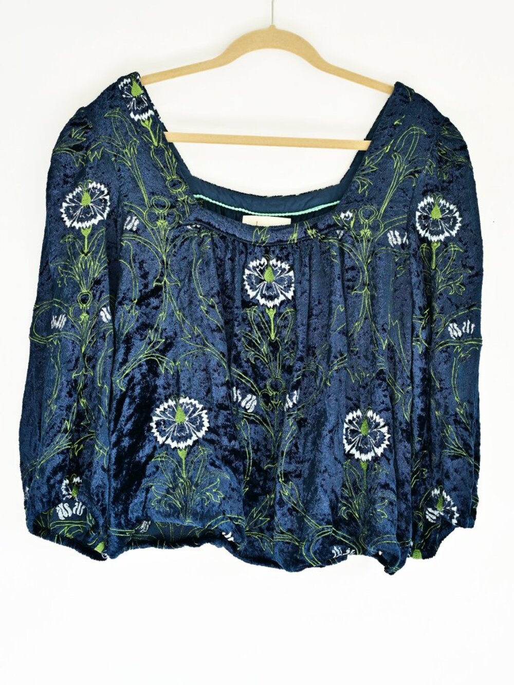 Anthropologie Blue Velvet Embroidered Floral Blouse XL